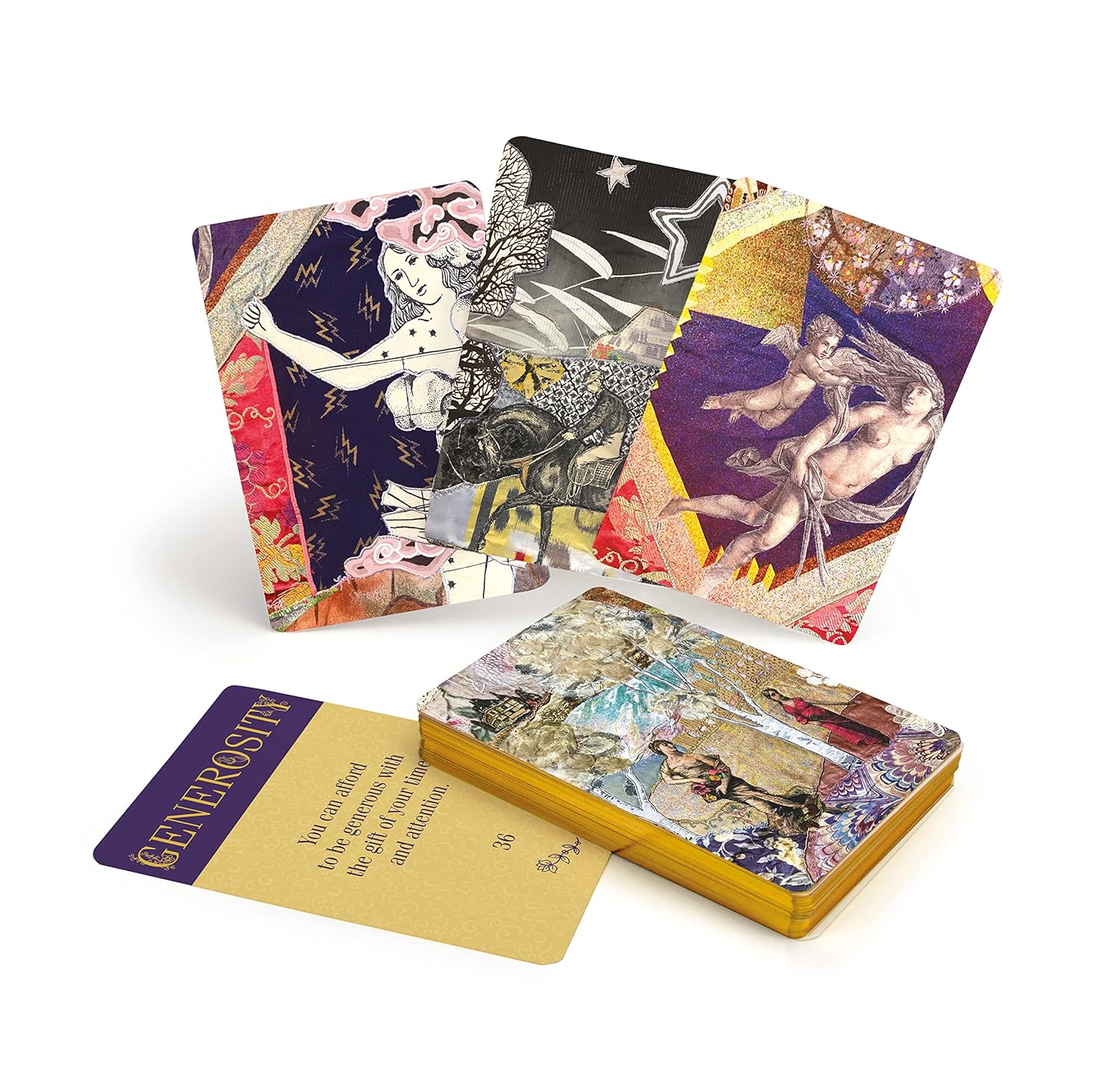 Collage-style deck of cards with artistic designs on a white background