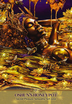 Artistic depiction of a figure with honeycomb elements and bees, titled 'Oshun's Honeypot'.