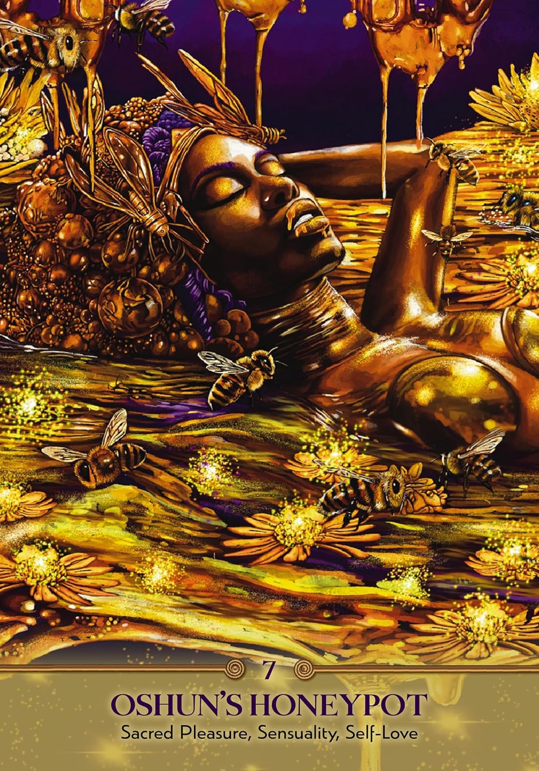 Artistic depiction of a figure with honeycomb elements and bees, titled 'Oshun's Honeypot'.