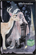 Card with a deer and a ghostly figure under a starry sky, labeled 'Confirmation'.