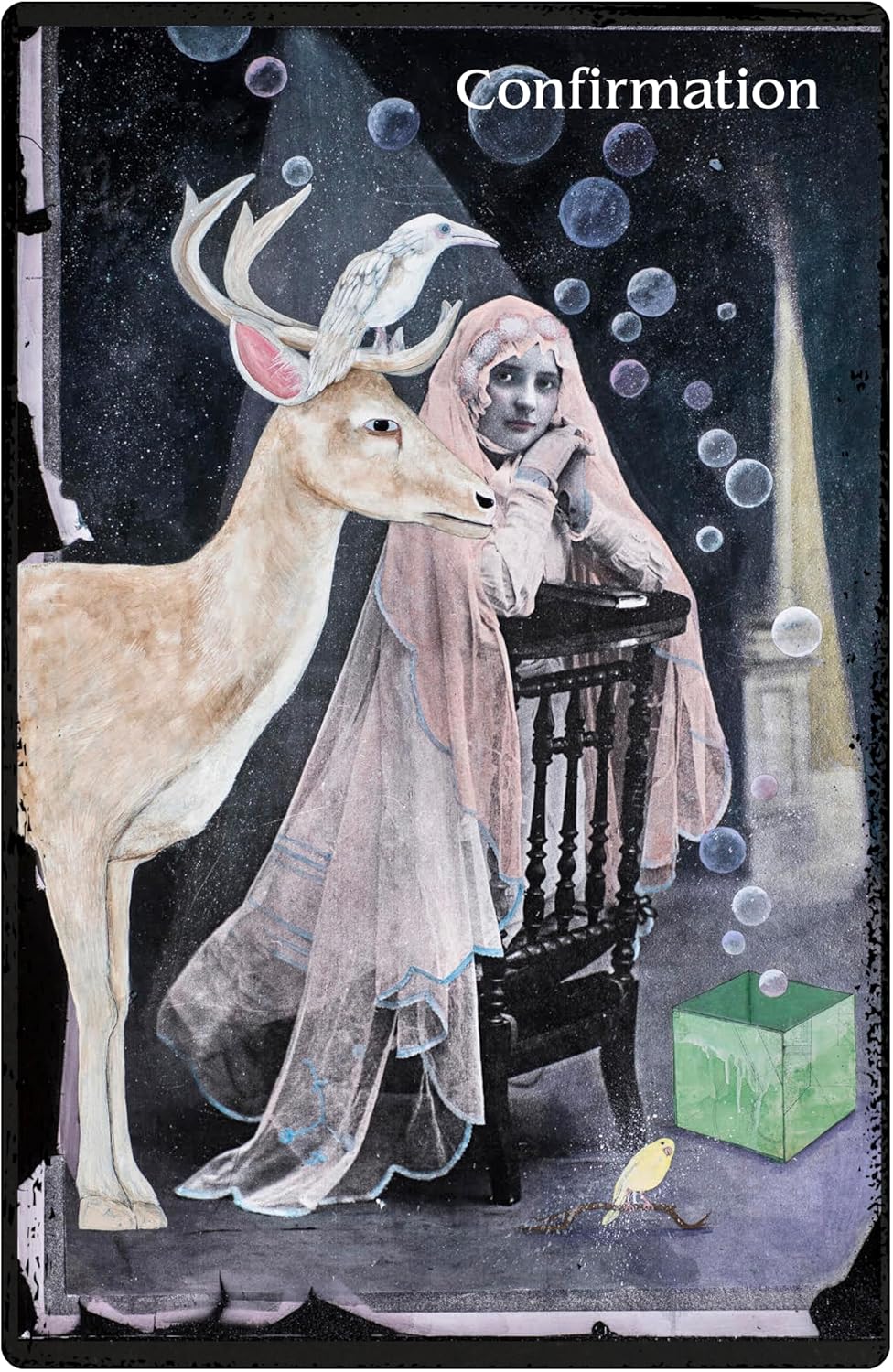 Card with a deer and a ghostly figure under a starry sky, labeled 'Confirmation'.