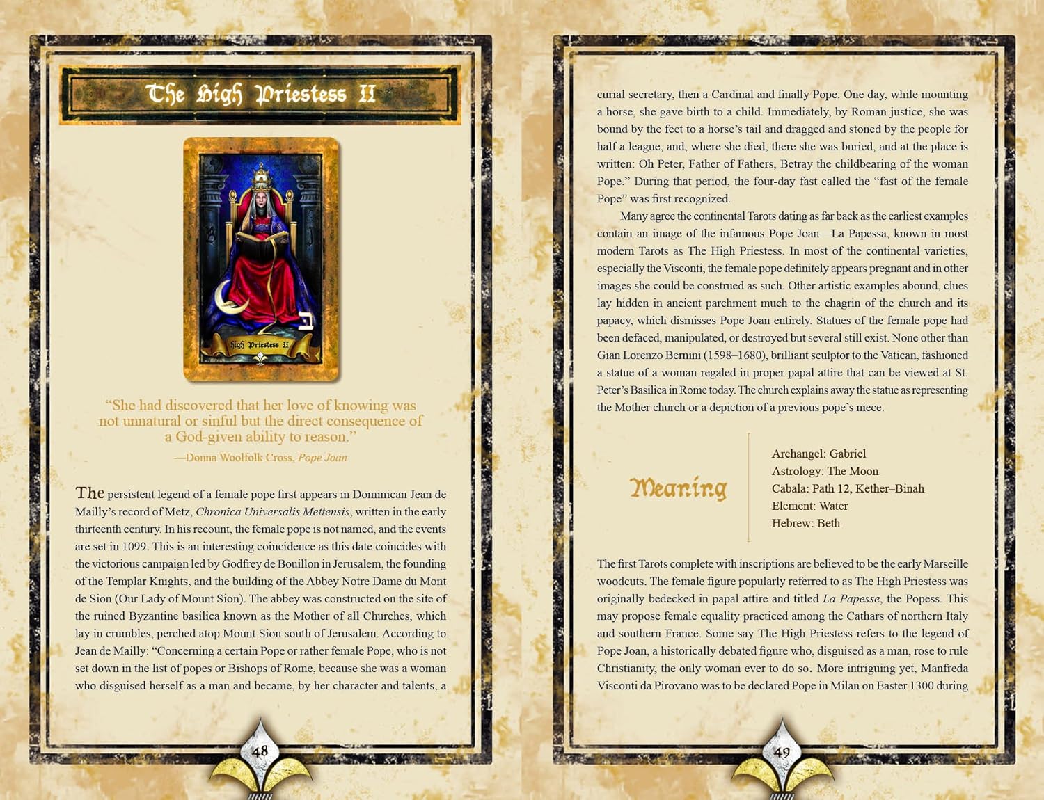 Decorative card with text and an image of a high priestess on a gold and brown background