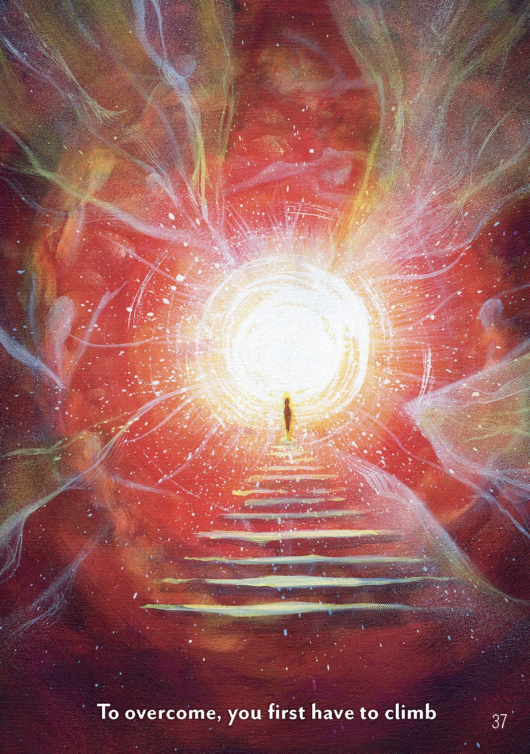 Artistic depiction of a bright light at the top of a staircase with colorful abstract elements.