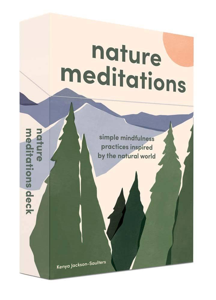 Box of 'Nature Meditations' with mountain and tree design on a white background
