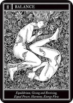 Tarot card featuring two people in a embrace with intricate designs and text at the top and bottom.