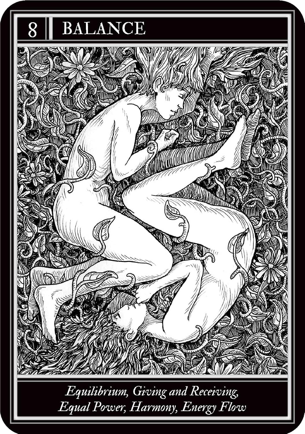 Tarot card featuring two people in a embrace with intricate designs and text at the top and bottom.