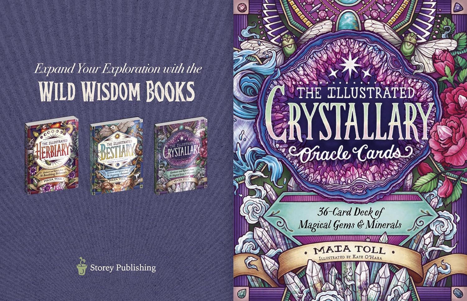 Promotional image of 'The Illustrated Crystallary Oracle Cards' with other books on a blue background.