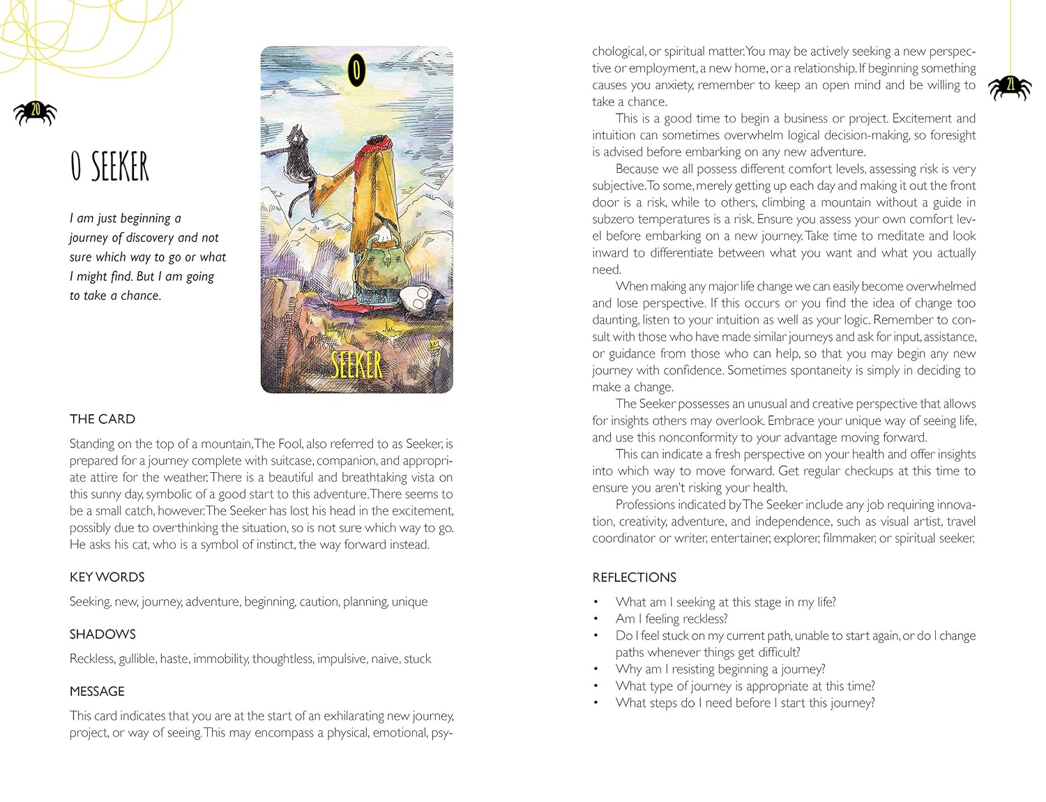 Card from a tarot deck titled 'O Seeker' with text and symbols on a white background.