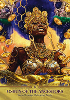 Decorative card featuring a figure with intricate gold and blue design, surrounded by coins and geometric patterns.
