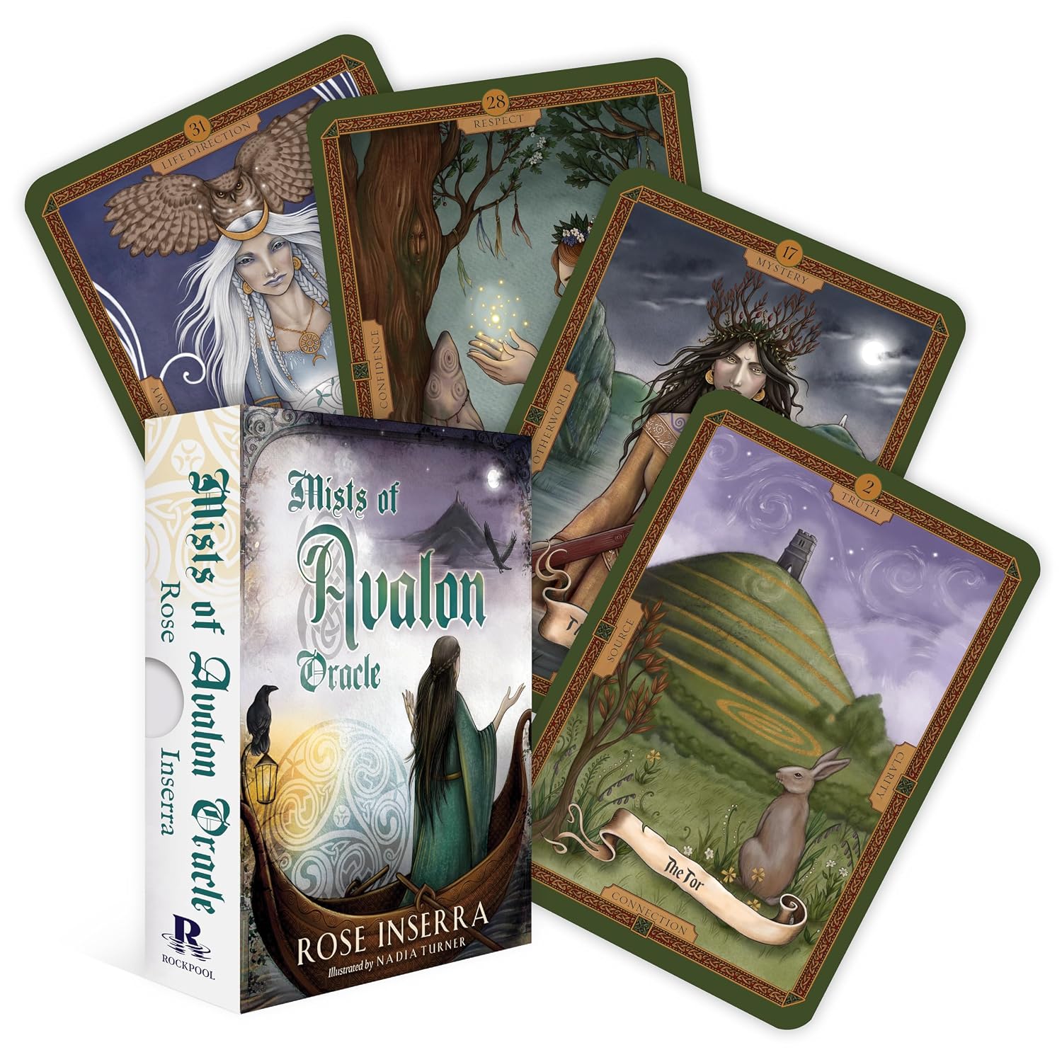 Tarot cards from 'Mists of Avalon' Oracle by Rose Inserra with a box in the center.