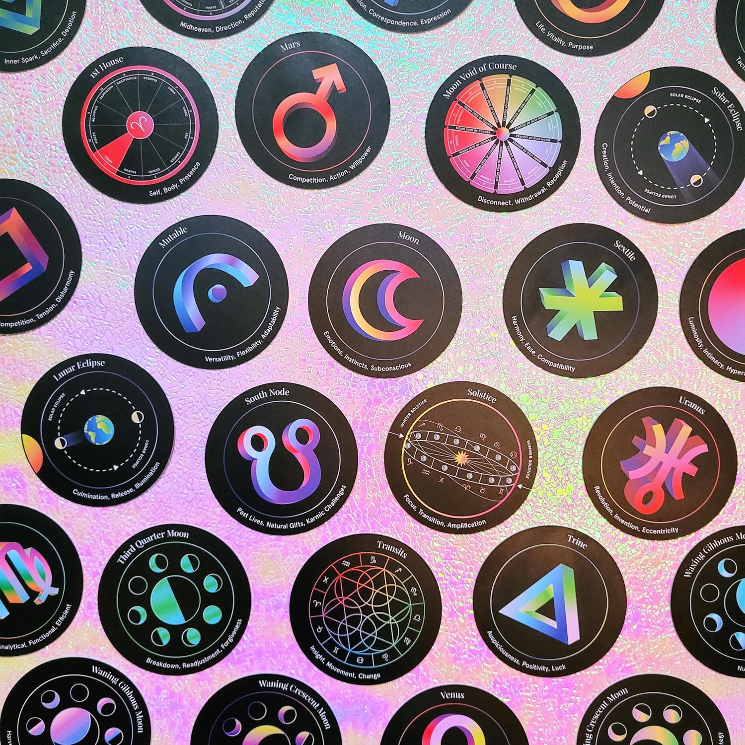 Collection of colorful astrological symbol stickers on a patterned background