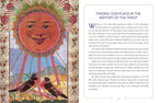 Decorative card with sun face and birds, alongside text on a white background