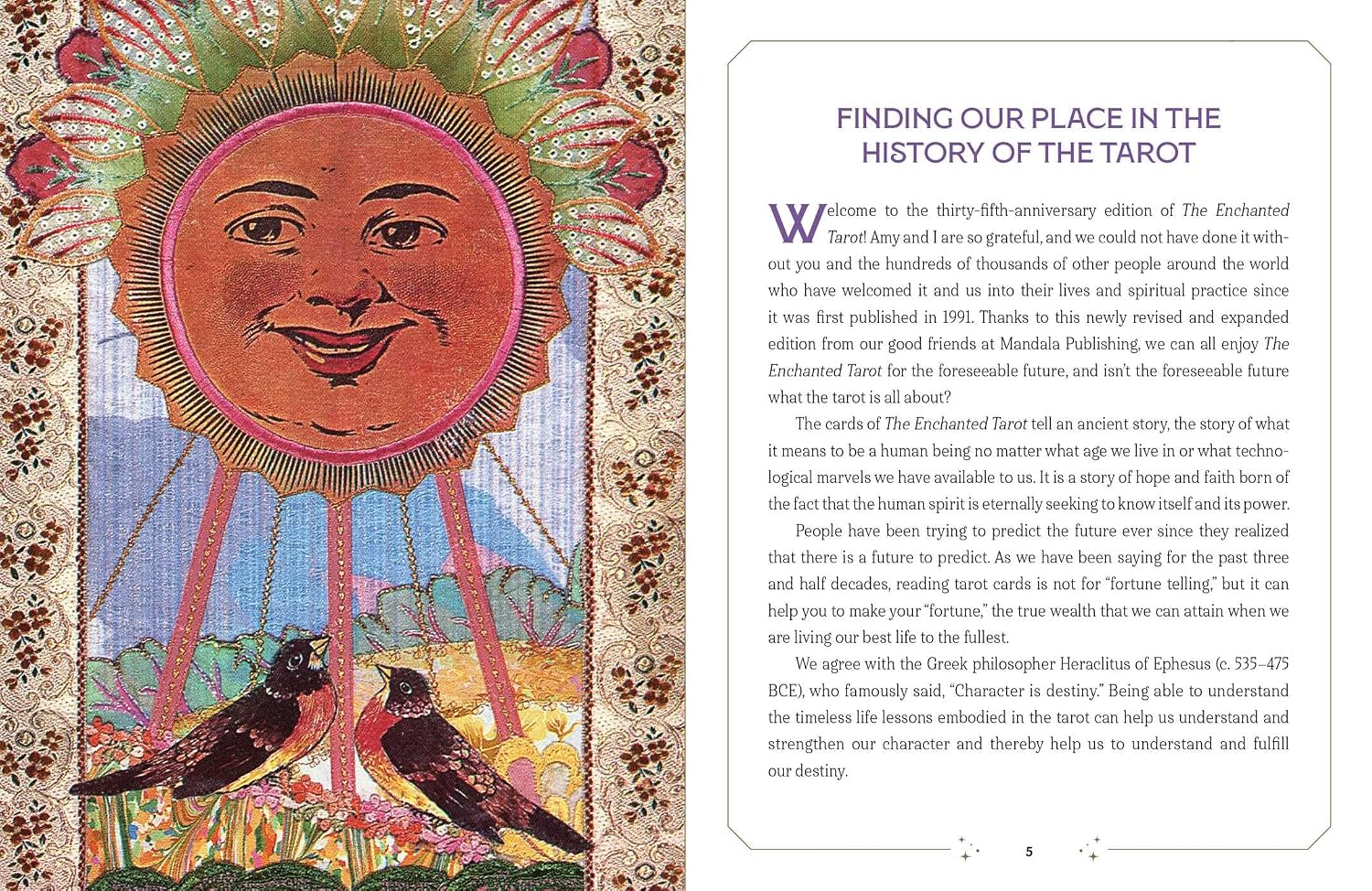 Decorative card with sun face and birds, alongside text on a white background