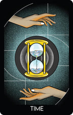 Card with hands reaching towards an hourglass labeled 'TIME' on a dark background
