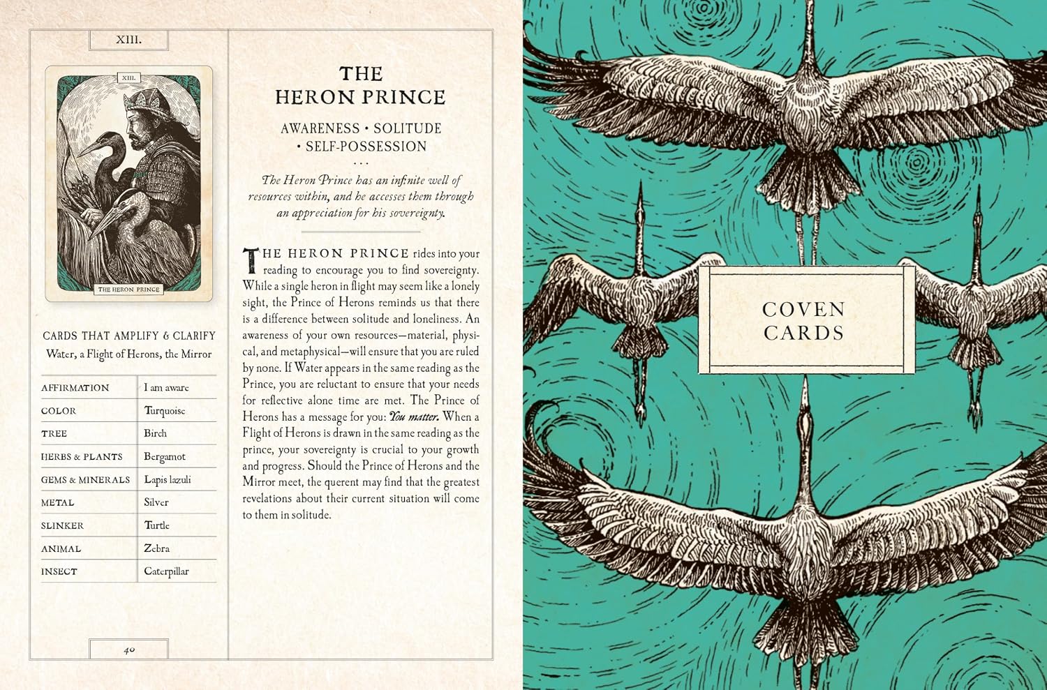 A flat lay of an open card deck or booklet showing the front and back. The left page is cream with black text and a small illustration, while the right page has a teal background with three detailed heron illustrations and the title 'THE HERON PRINCE' and 'COVEN CARDS'.