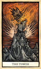 Tarot card titled 'The Tower' with a stylized illustration of a tower being destroyed.