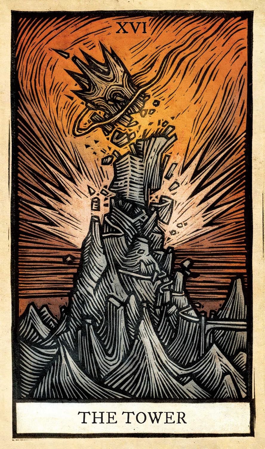 Tarot card titled 'The Tower' with a stylized illustration of a tower being destroyed.