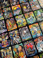 Collection of colorful tarot cards with various designs and illustrations.