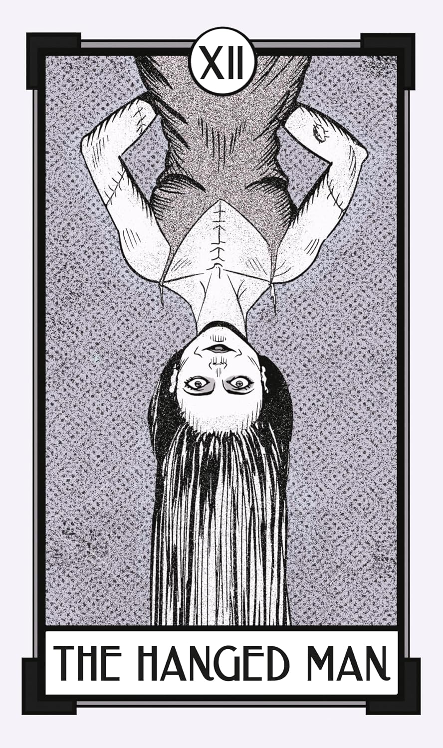 Tarot card 'The Hanged Man' with a black and white illustration of a person hanging upside down.