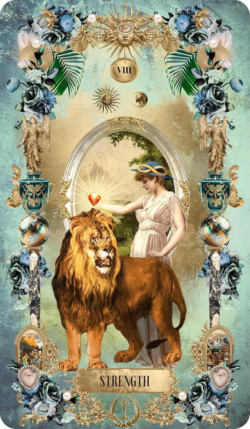 Tarot card titled 'Strength' featuring a woman with a lion and decorative elements.