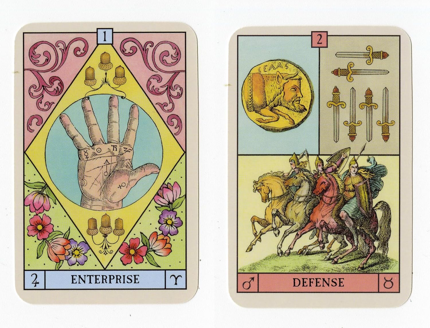 Two tarot cards labeled 'Enterprise' and 'Defense' on a white background.