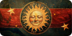Decorative design with a sun face, stars, and red and black background
