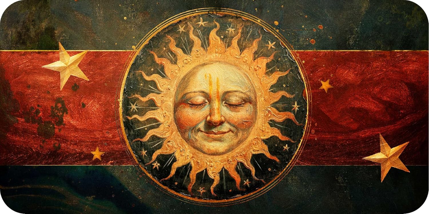 Decorative design with a sun face, stars, and red and black background