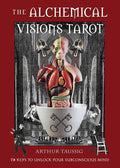 Book cover of 'The Alchemical Visions Tarot' with a central illustration of a person with organs displayed and text about unlocking subconscious mind.