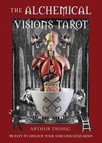 Book cover of 'The Alchemical Visions Tarot' with a central illustration of a person with organs displayed and text about unlocking subconscious mind.