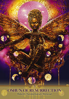 Decorative card featuring a winged figure with a pink crystal ball and celestial elements.