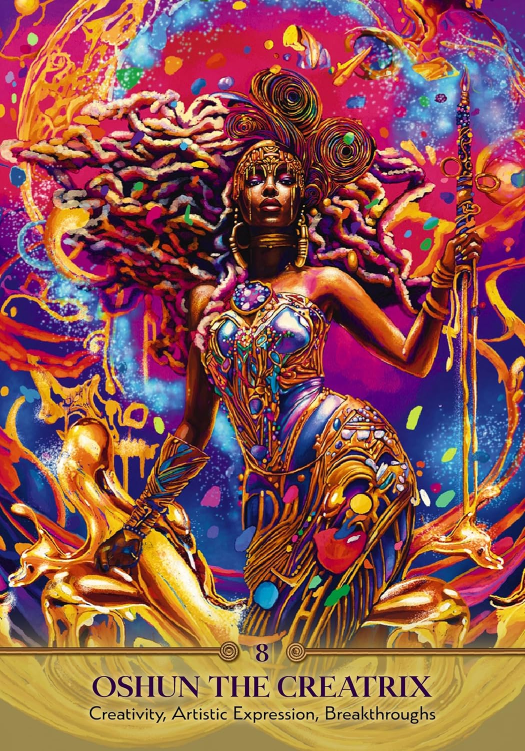 Colorful tarot card featuring a figure with intricate details and vibrant background
