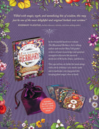 The Illustrated Herblary book box set displayed on a purple background with decorative botanical illustrations. The set includes the illustrated book, a purple drawstring pouch, several oracle cards, and a pink circular sticker noting 50 illustrated cards and a carrying pouch.