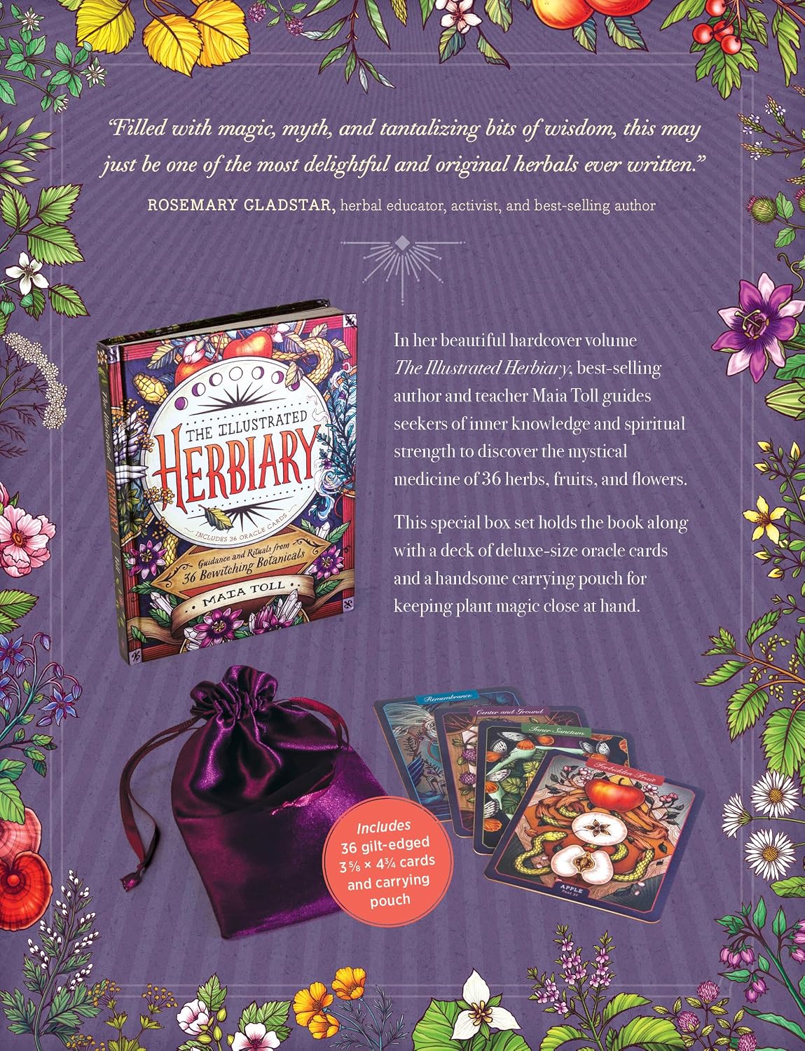 The Illustrated Herblary book box set displayed on a purple background with decorative botanical illustrations. The set includes the illustrated book, a purple drawstring pouch, several oracle cards, and a pink circular sticker noting 50 illustrated cards and a carrying pouch.