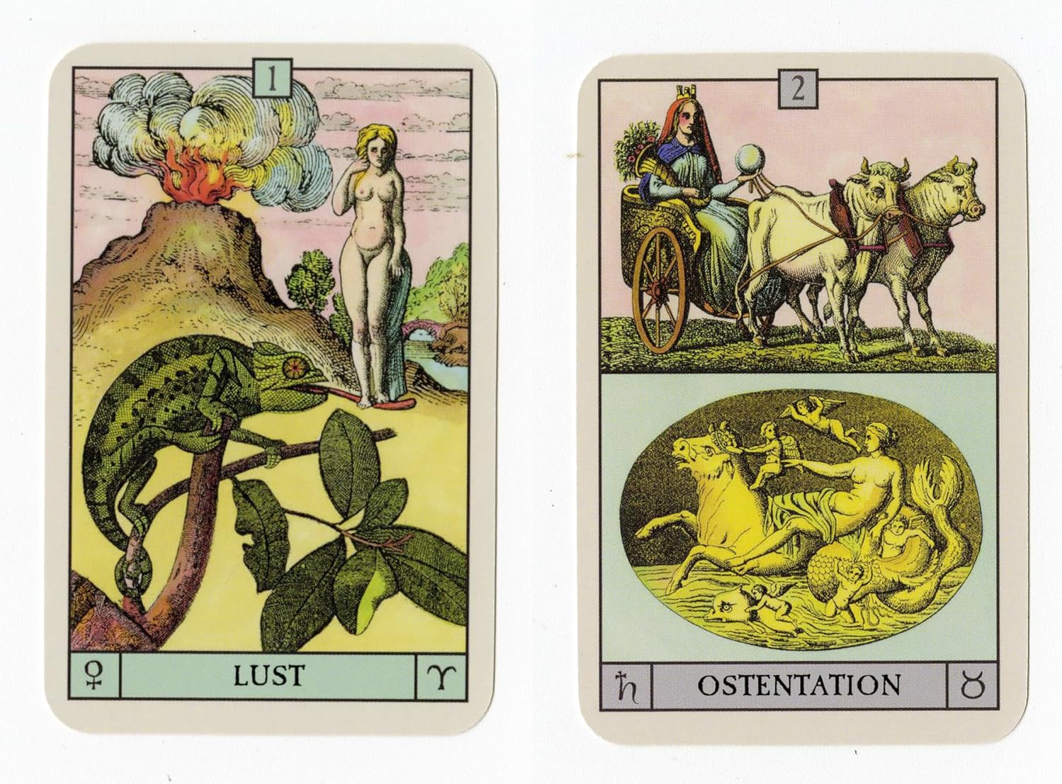 Two tarot cards labeled 'Lust' and 'Ostentation' with colorful illustrations on a white background.