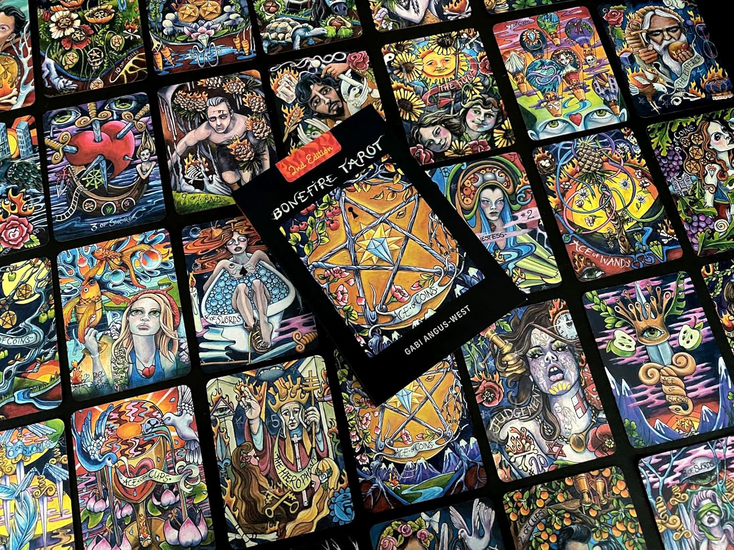 Collection of colorful tarot cards with a deck titled 'Bonfante Tarot' on top.
