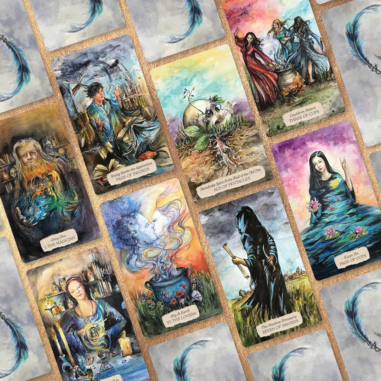 Collection of colorful tarot cards with various illustrations and text.