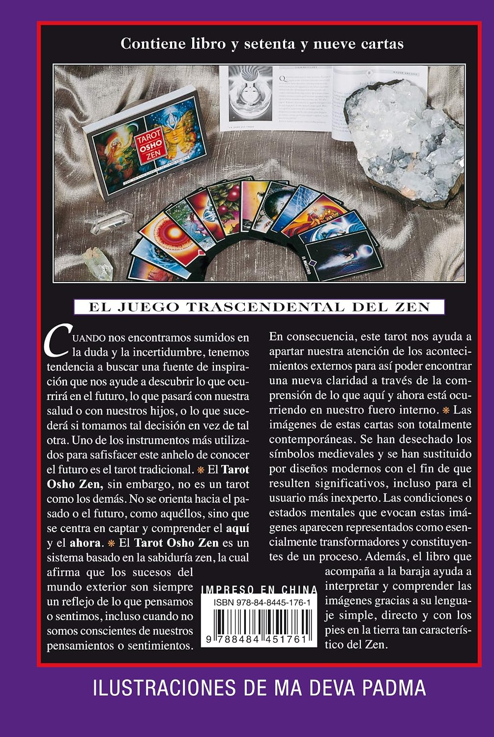 Spanish book cover for 'El Juego Transcendental del Zen' by Ma Deva Padma, featuring a dark red border, white text, and multiple small illustrations of cards, a lotus flower, and a mandala.