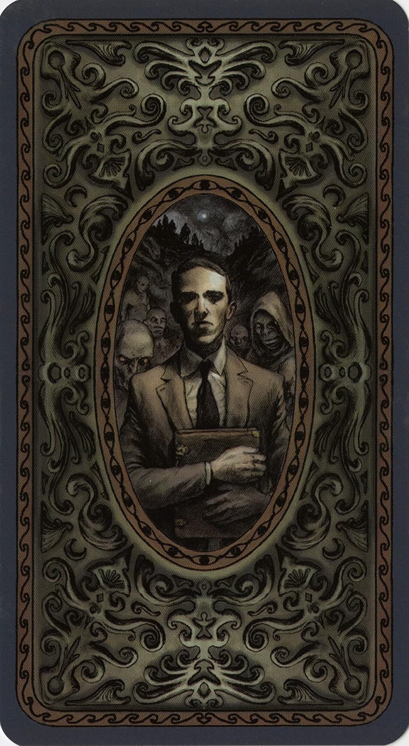 Vintage-style card with a man holding a book and ornate border