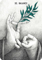 Illustration of two hands holding an olive branch with 'Balance' and 'Olive tree' text.