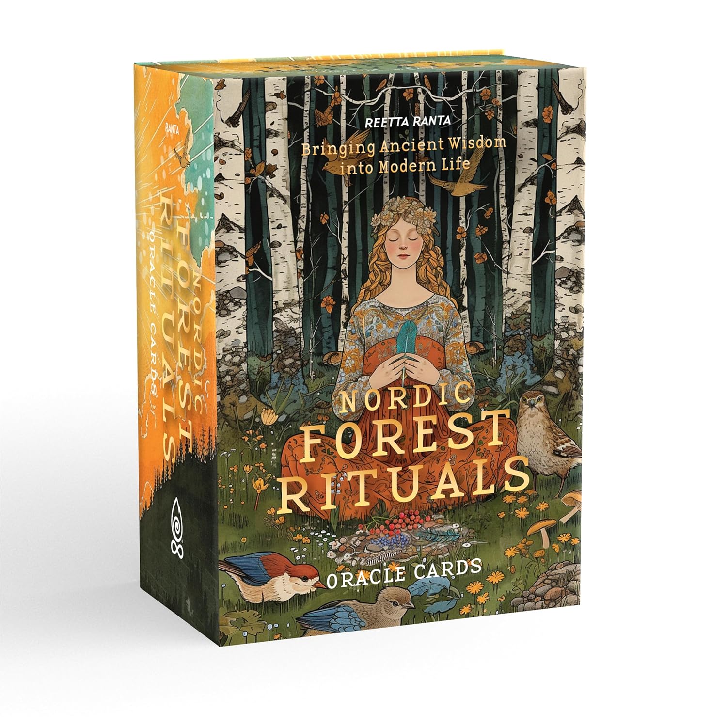 Box of 'Nordic Forest Rituals' Oracle Cards with a forest design and woman holding a card.