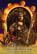 Card featuring a warrior-like figure with armor and weapons, titled 'Oshun the Protector'.