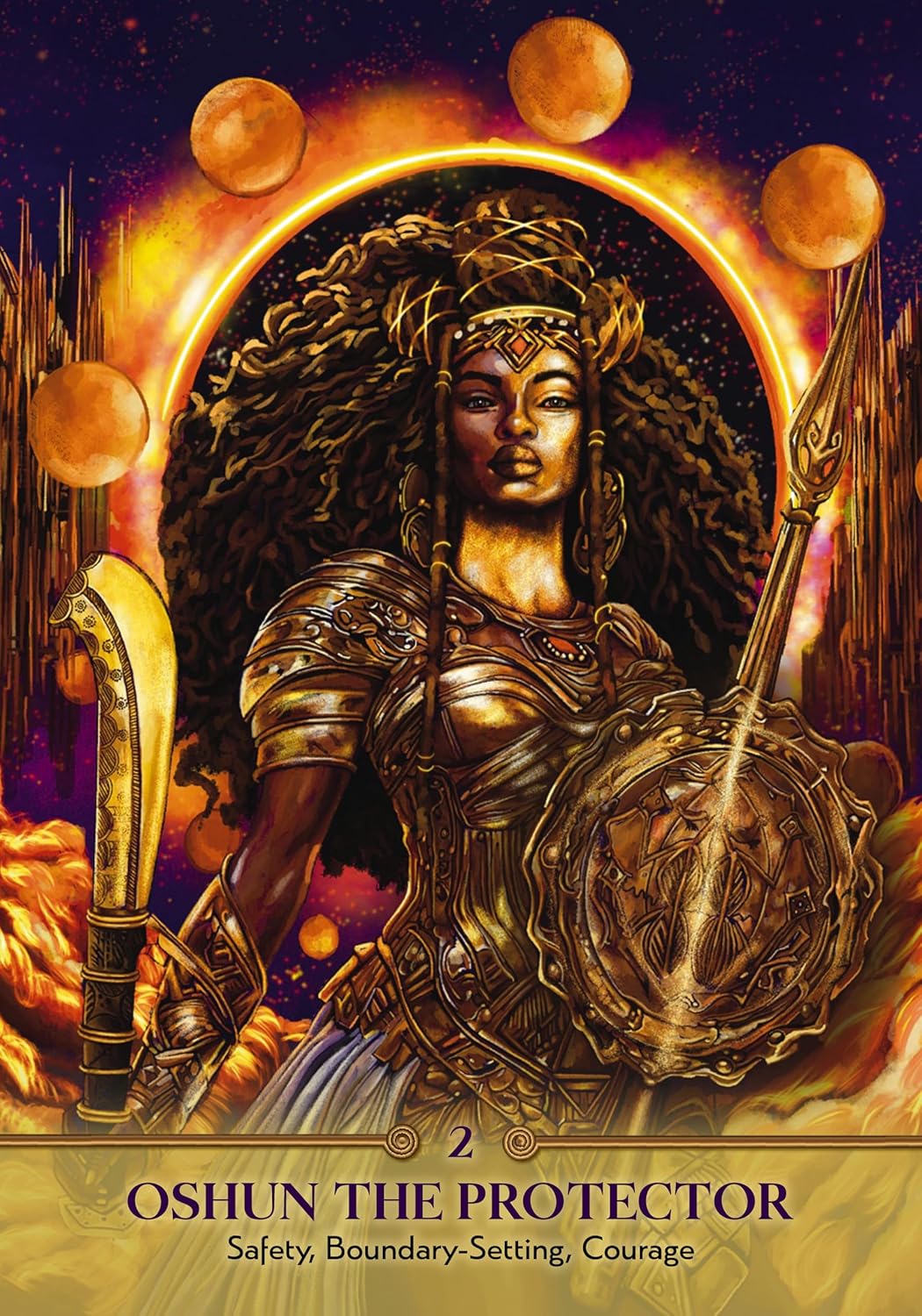 Card featuring a warrior-like figure with armor and weapons, titled 'Oshun the Protector'.