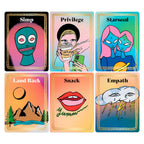 Six illustrated cards arranged in a 2x3 grid on a white background. The cards feature whimsical cartoon artwork with text labels: 'Simp,' 'Privilege,' 'Starseed,' 'Land Back,' 'Snack,' and 'Empath.