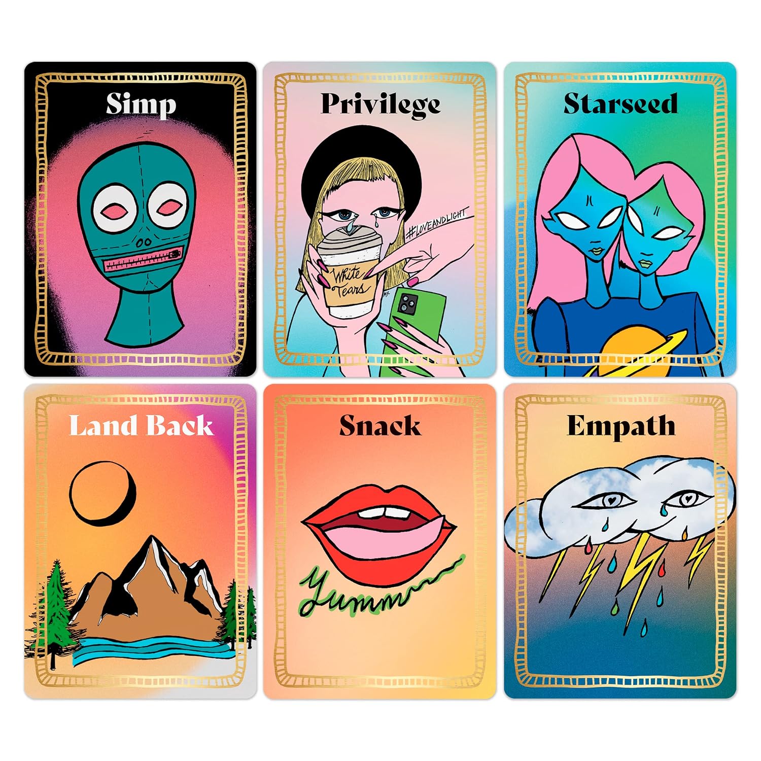 Six illustrated cards arranged in a 2x3 grid on a white background. The cards feature whimsical cartoon artwork with text labels: 'Simp,' 'Privilege,' 'Starseed,' 'Land Back,' 'Snack,' and 'Empath.