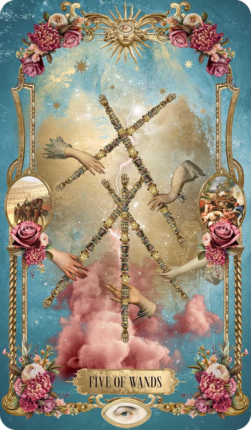 A decorative tarot-style card titled 'FIVE OF WANDS' with ornate gold framing, pink roses, a blue sky background, and five wands arranged in a star-like structure with floating hands and pink clouds.
