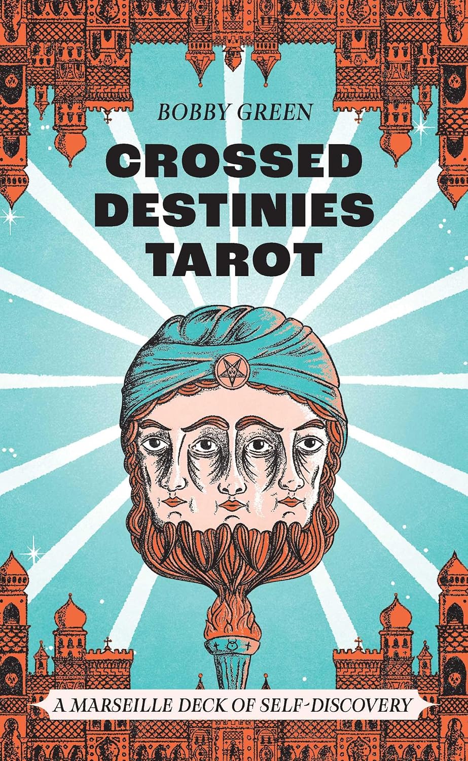 Book cover of 'Crossed Destinies Tarot' by Bobby Green with a stylized face and architectural elements.