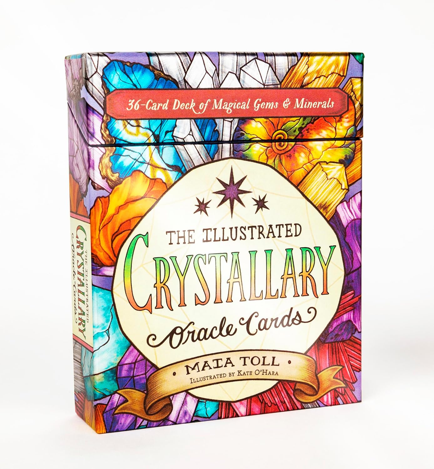 The Illustrated Crystallary Oracle Cards deck box by Mata Toll, featuring a colorful stained-glass style design with crystals and flowers on a white background.