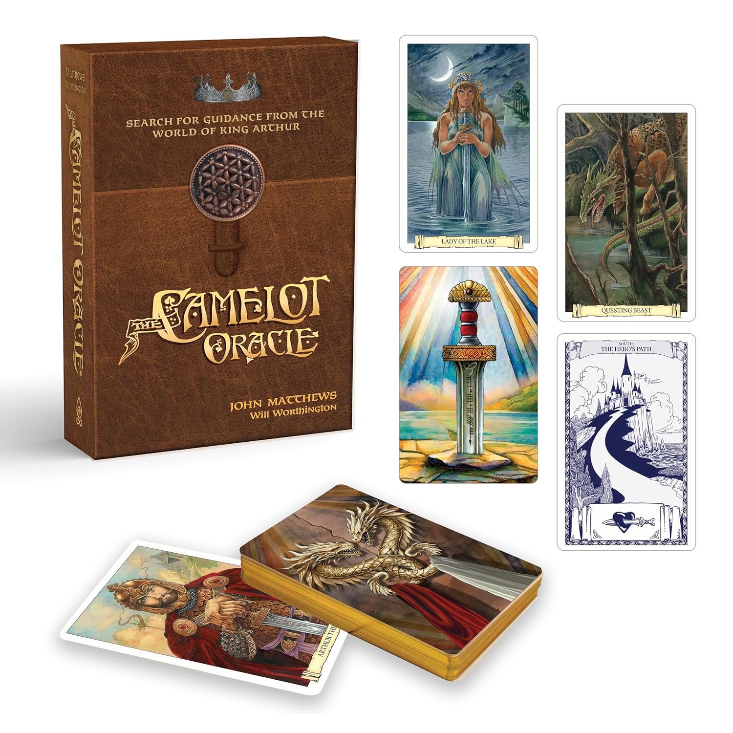 Camelot Oracle card set with packaging and tarot cards displayed.