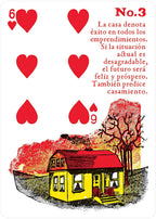 A Spanish playing card design with the text 'No.3' and a red heart in each corner, plus an illustration of a yellow house with a red roof, red trees, and a dark ground, on a white background.
