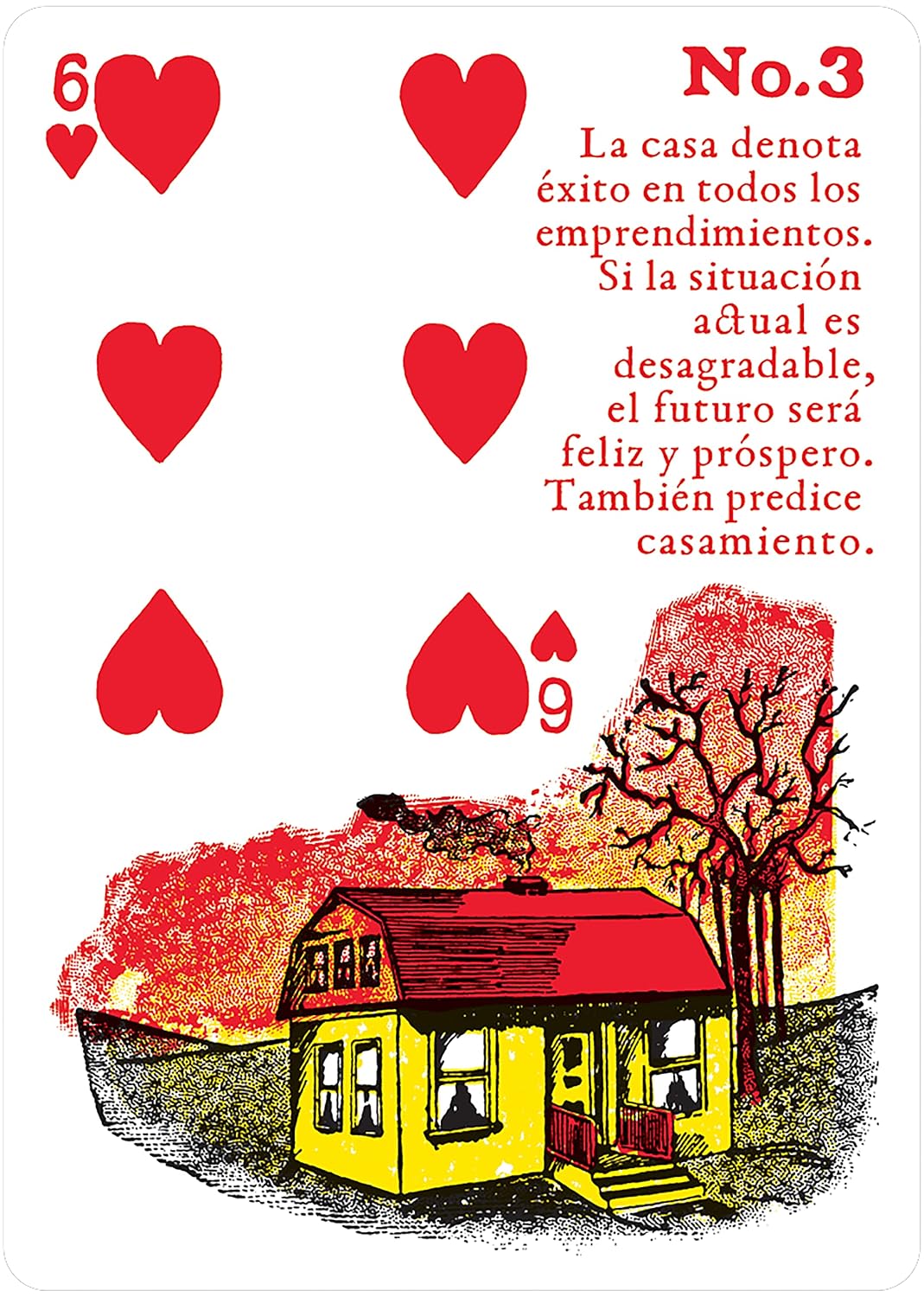 A Spanish playing card design with the text 'No.3' and a red heart in each corner, plus an illustration of a yellow house with a red roof, red trees, and a dark ground, on a white background.